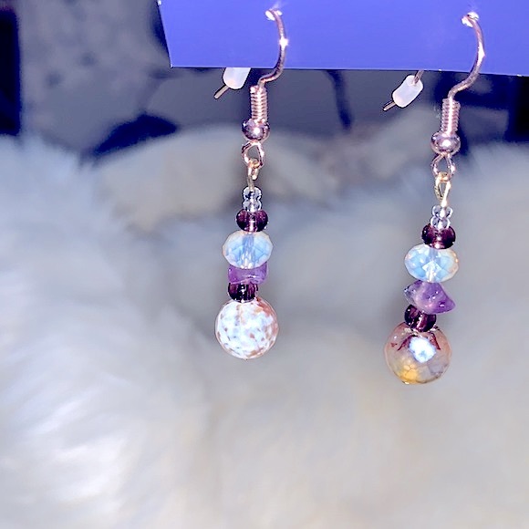New Handmade Beaded Earrings Amethyst Natural Healing Gemstones, Hypoallergenic - Picture 7 of 16